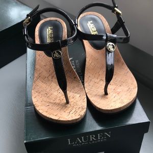 Ralph Lauren new black patent cork wedge sandal S9